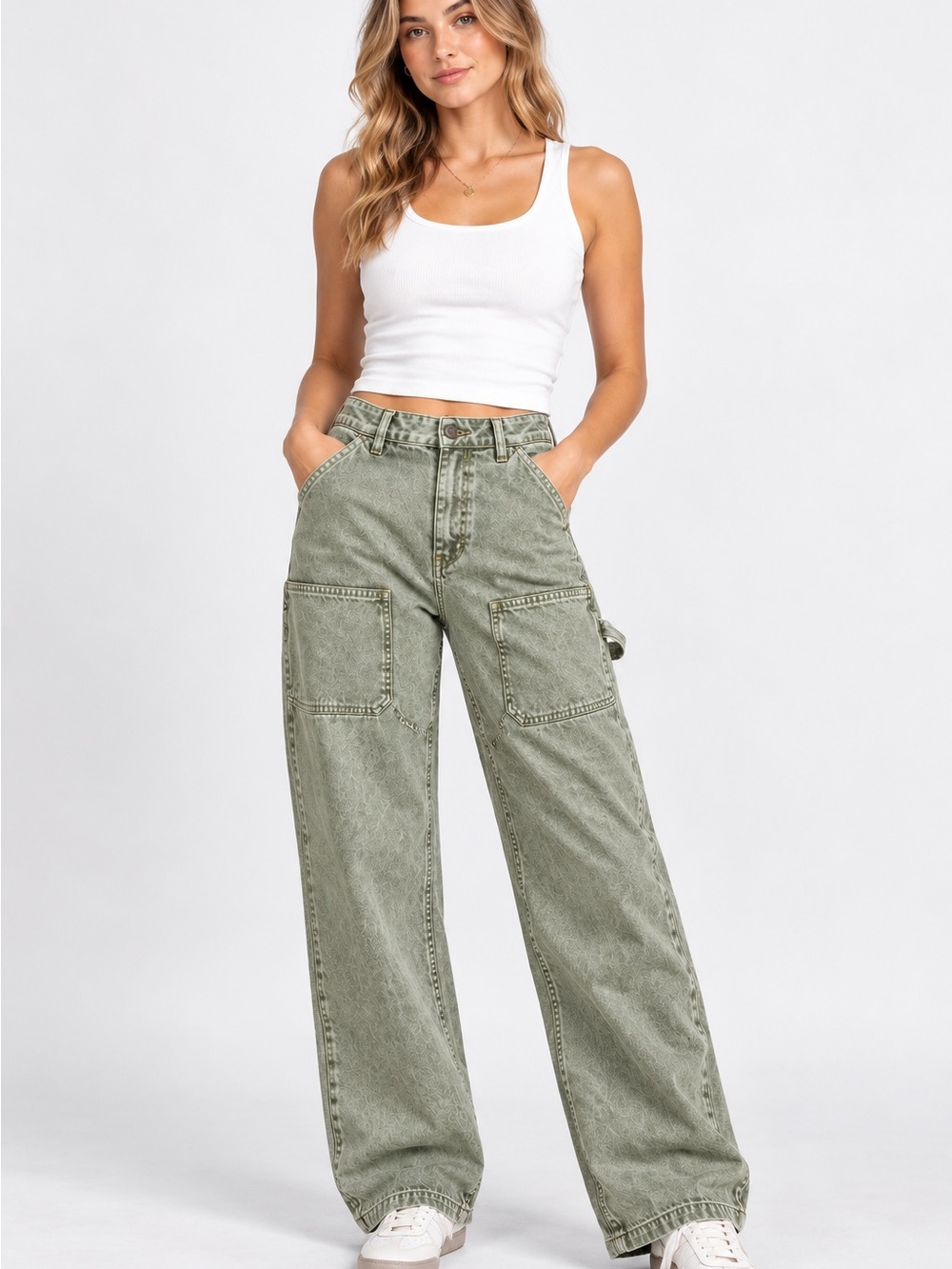 PrettyLittleThing Sage Green Carpenter Jeans Size 6 Utility Wide Leg